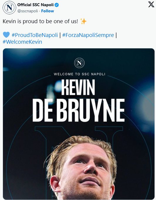 축구 스포츠 이적 케빈데브라이너 나폴리 이태리 맨체스터시티
